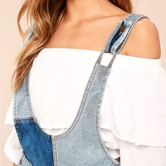 Free People Patchwork Blues Blue Denim Pinafore Overall Jean boho mini Dress - Picture 10 of 13